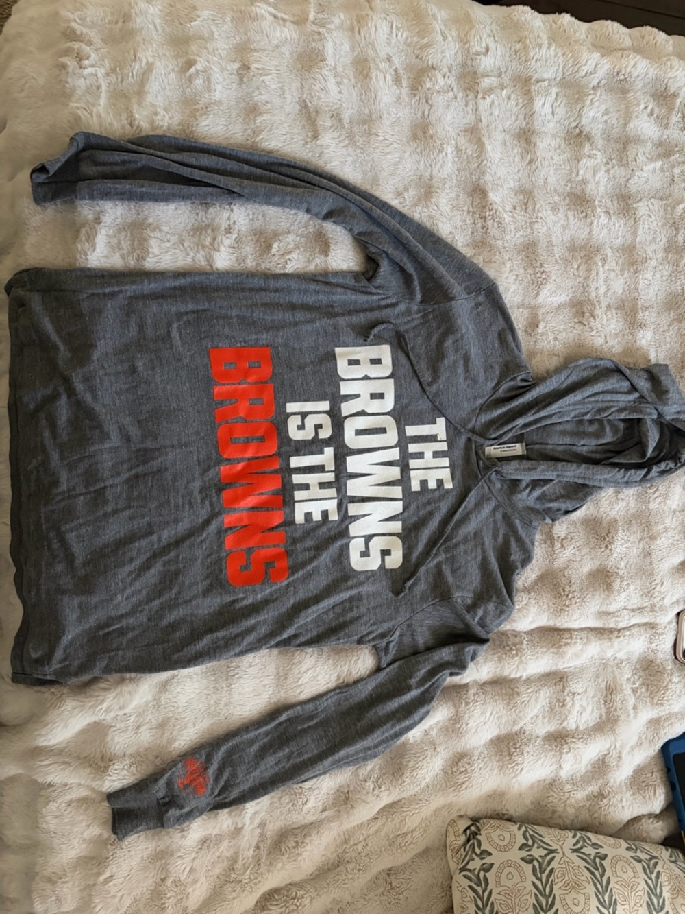American Apparel Gray Long Sleeve Hooded Tee with White and Orange Print